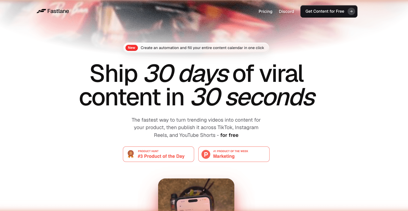 Fastlane AI homepage hero on usefastlane.ai, a Fastlane alternative for short-form UGC video